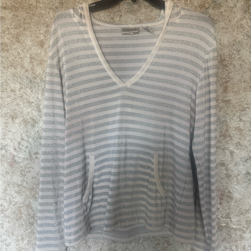 Striped V Neck Long Sleeve Hoodie Top Medium